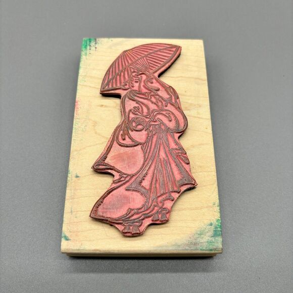Stamps in Motion Wood Mounted Rubber Stamp 1996 Geisha with Umbrella Vintage - Picture 2 of 6